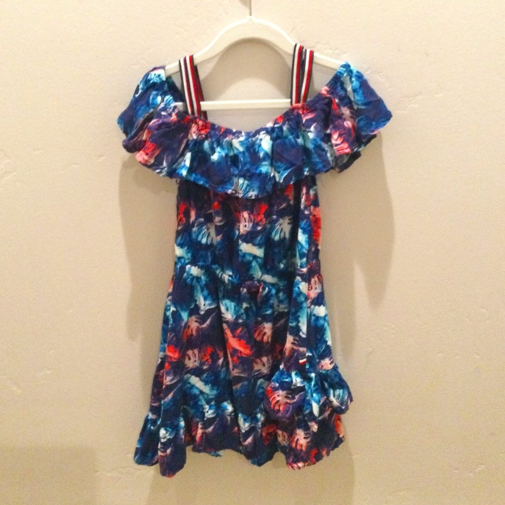 Tommy Hilfiger Big Girls Surf Palm-Print Off-Shoulder Dress / Size Small (7)